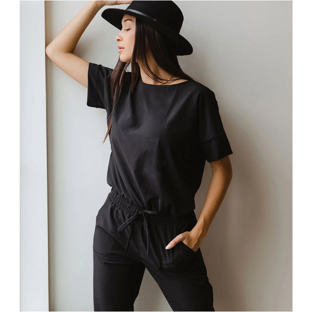 Albion Everyday Athletic Short Sleeve Jumpsuit One Piece Romper Black Medium